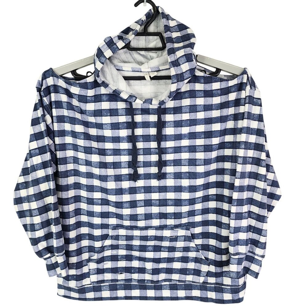 Womens Blue & White Checkered Hoodie Shirt Cold Shoulder Long Sleeve Size L